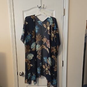 BlueBell Floral Sheer Black Kimono Cover-Up with Blue and Tan Blooms
